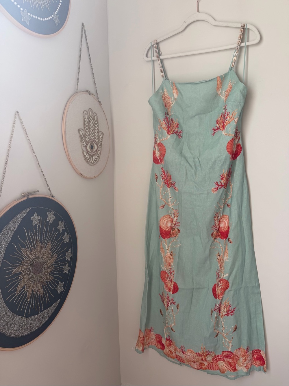 Caroline Constas blue coral Linen Embroidered Shell strap maxi Dress